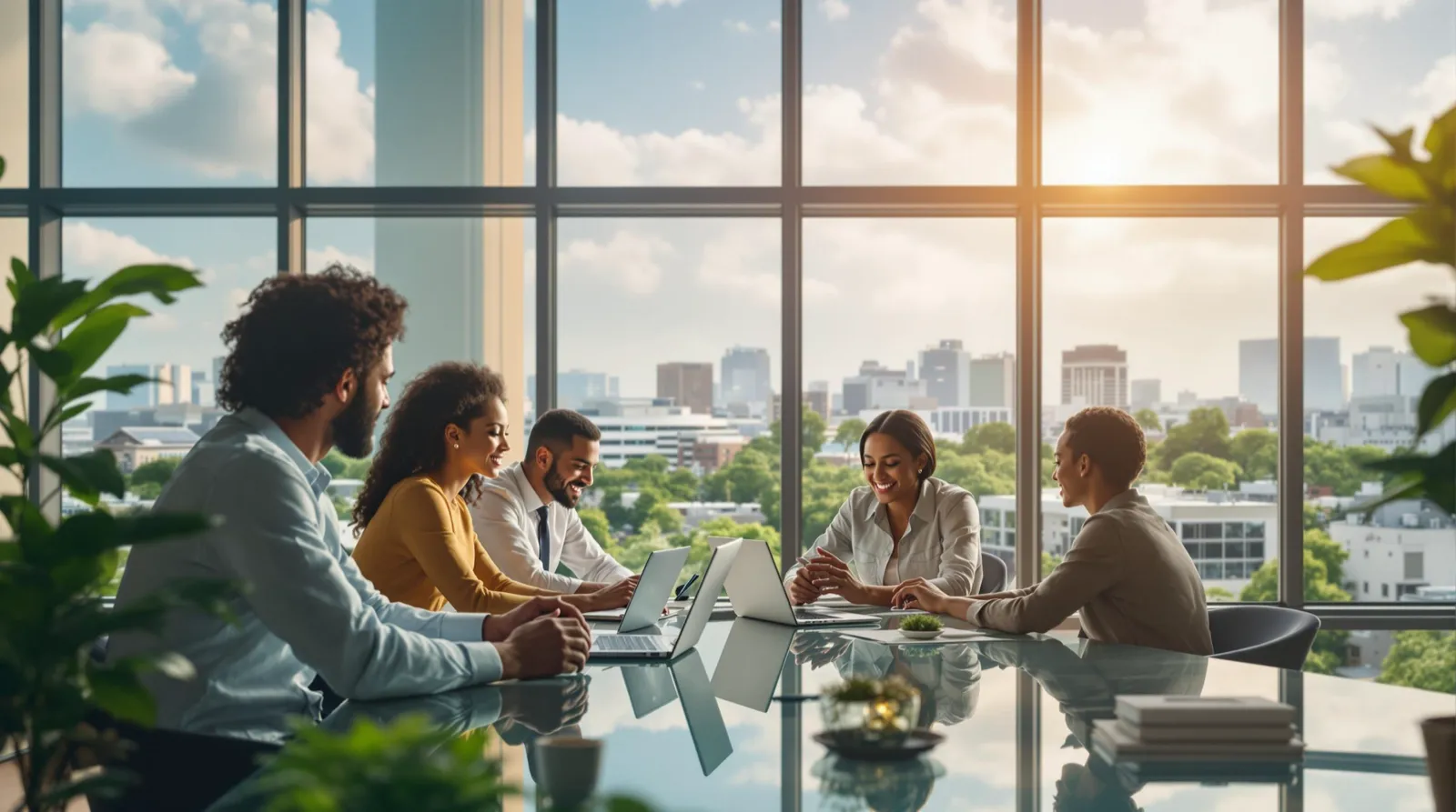 Colleagues meeting at a table beside a window with a city view