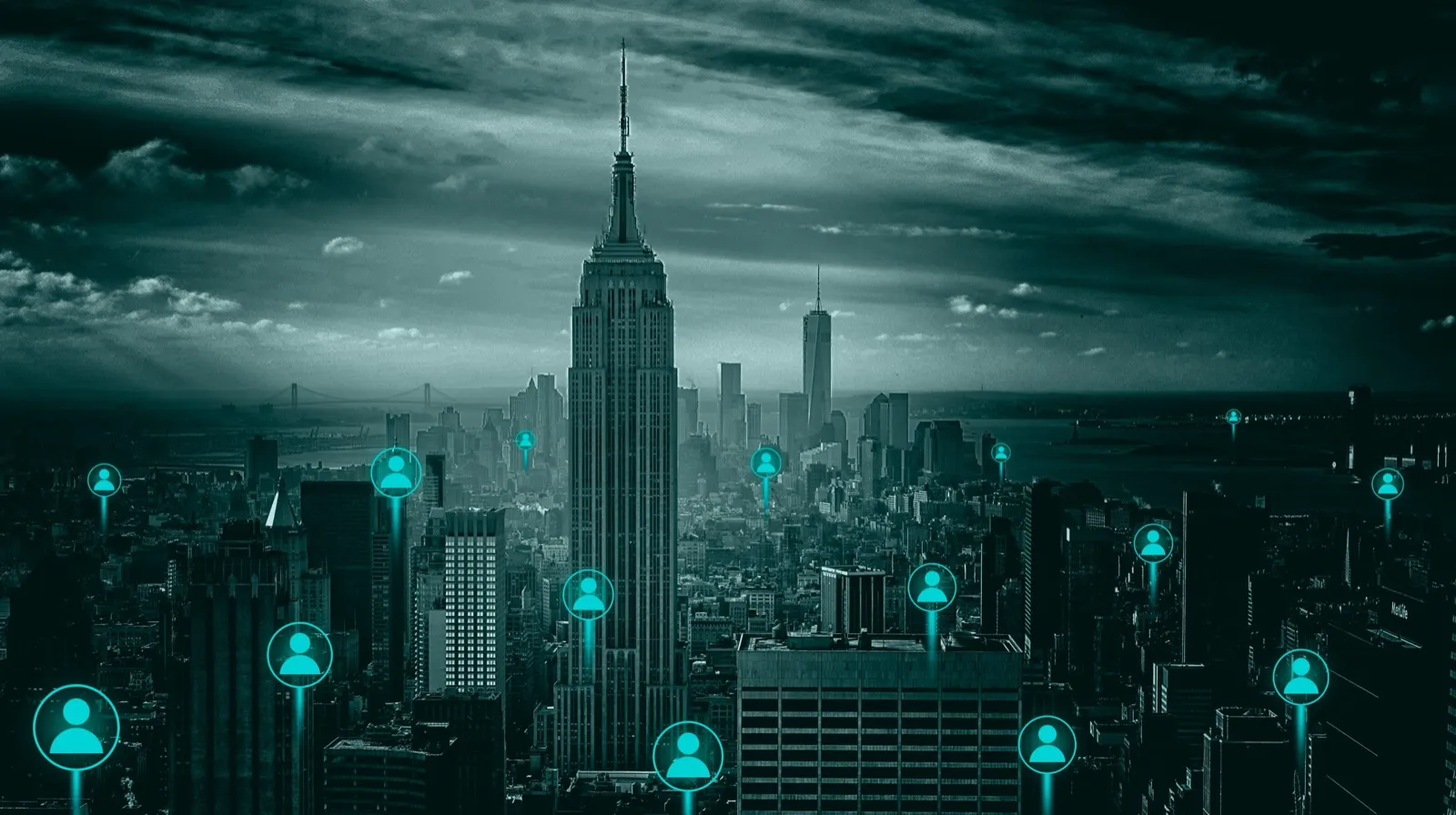 A city skyline at night with glowing cloud symbols above the buildings