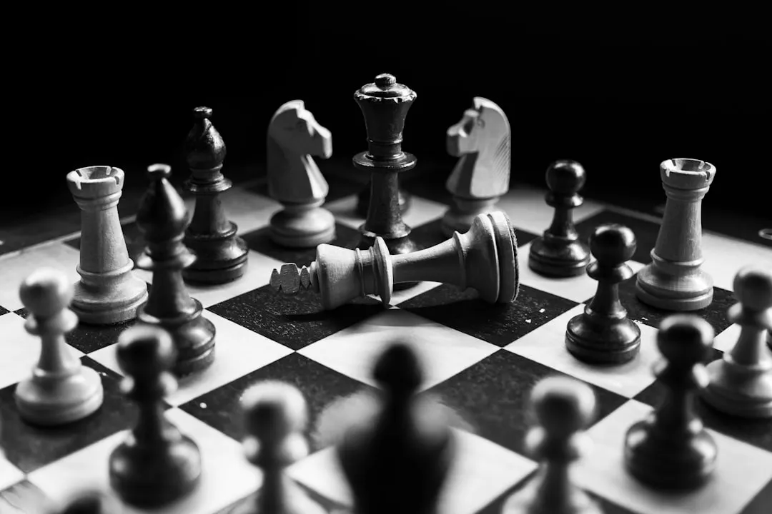 Chess pieces on a board, in black and white
