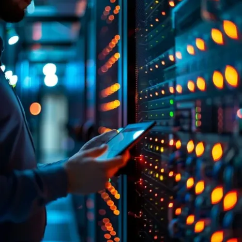 Engineer holding a tablet beside a rack of networking equipment with lit status lights